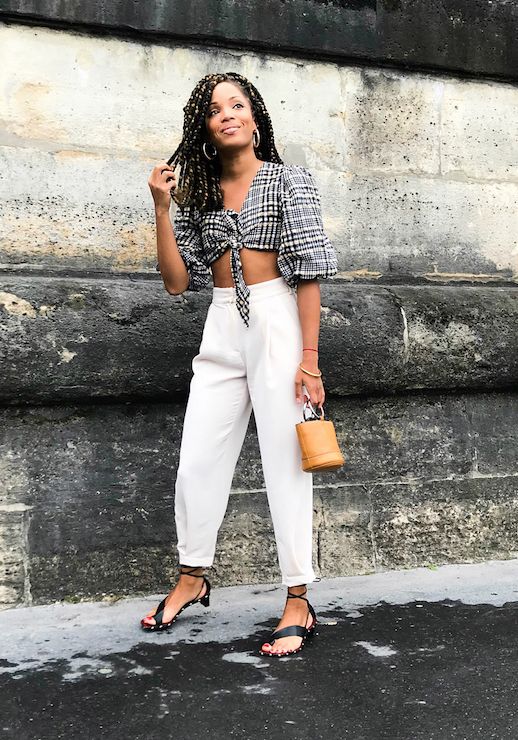 Le Fashion Blog Trendy Summer Outfit Plaid Gingham Cropped Blouse White Pants Black Strappy Low Heel Sandals Via @slipintostyle