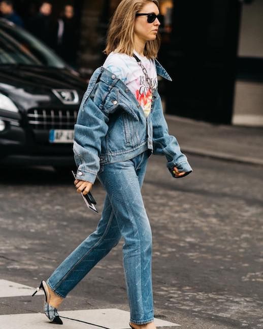 Le Fashion Blog Wear Denim On Denim Spring Trend Jessica Minkoff Sunglasses Denim Jacket Straight Leg Jeans Statement Mules Via @Jessicaminkoff 