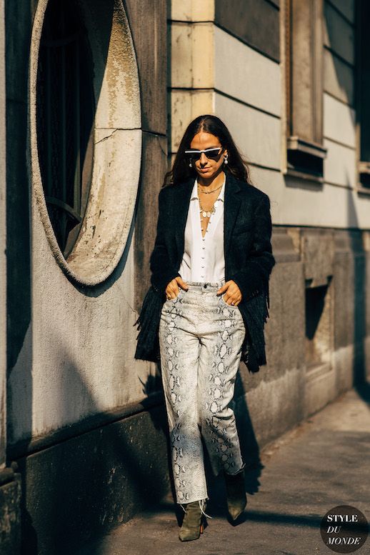 Le Fashion Blog White Blouse Fringe Black Jacket Snakeskin Pants Suede Boots Milan Fashion Week Via Style Du Monde 