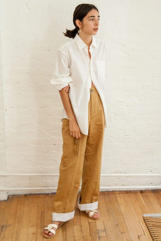 Le Fashion Blog White Button Down High Waisted Straight Leg Camel Trousers White Flat Sandals Via Manrepeller 