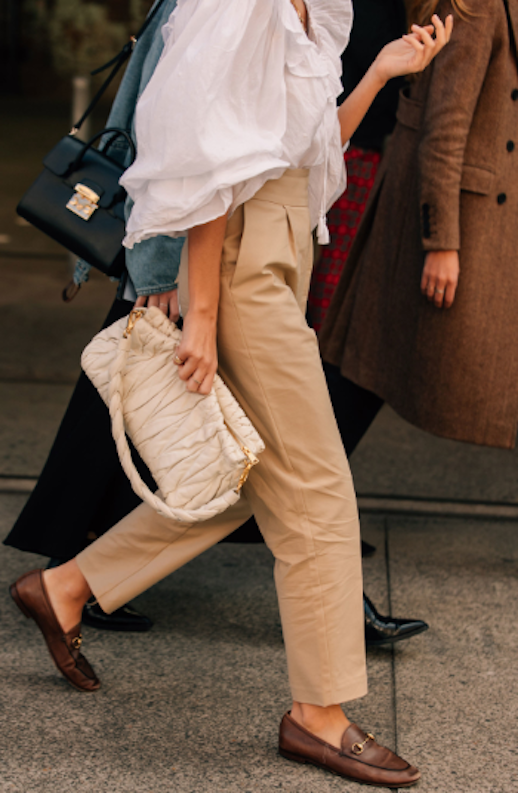 Le Fashion Blog White Peasant Blouse Tan Trousers White Bag Brown Loafers Via Vogue 