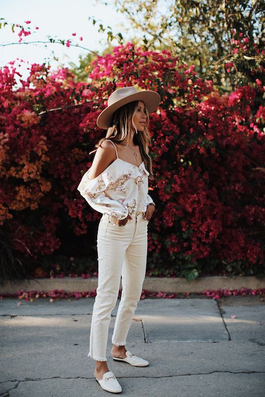 Le Fashion Blog Wide Brim Hat Floral Off The Shoulder Blouse White Raw Hem Jeans White Loafers Via Sincerely Jules 