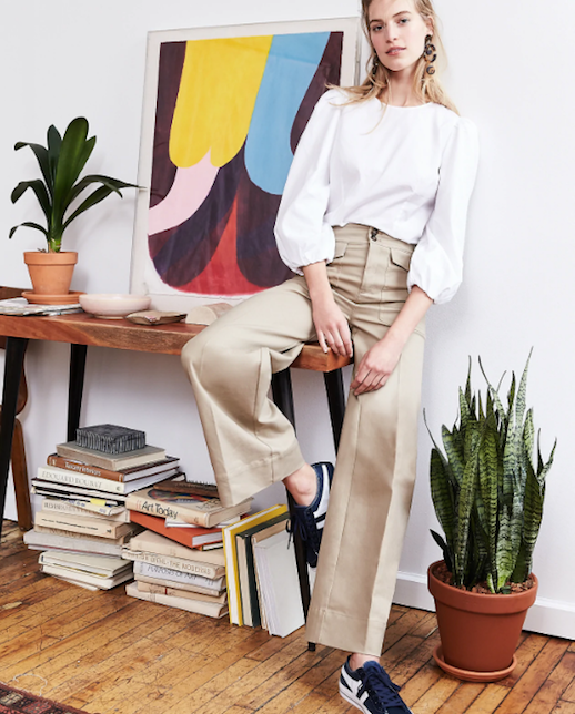 Le Fashion Blog Workwear to weekend Puff sleeve white top wide leg khaki trousers sneakers via Jcrew 