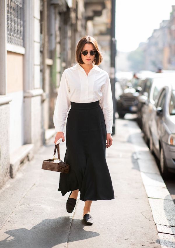 Minimalist Office Outfit Inspiration — White Shirt, Rejina Pyo Bag,  Black Midi Skirt, Mule Flats