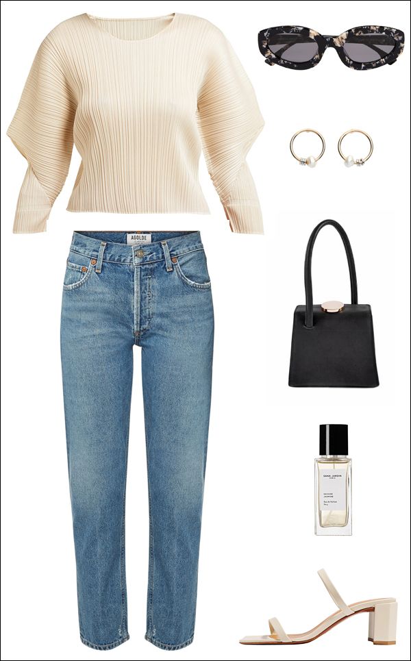 A Stylish Outfit Idea for Spring — pleated top, jeans, black bag, and mule sandals