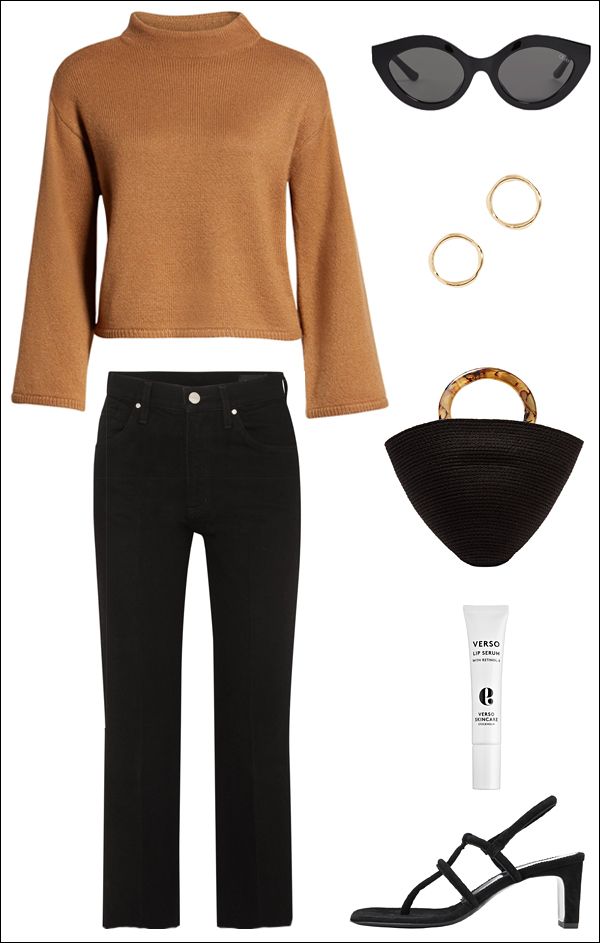 Spring Outfit Idea With a Camel Sweater and Black Jeans