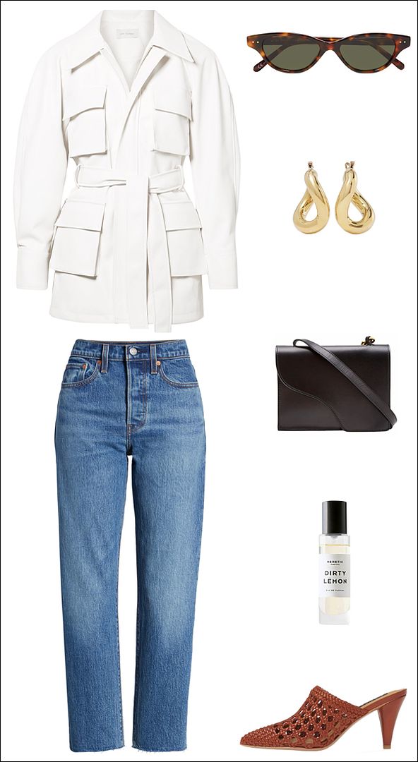 A Polished Way to Wear Denim for Spring — White Leather Jacket, Levi's Jeans and Mule Heels