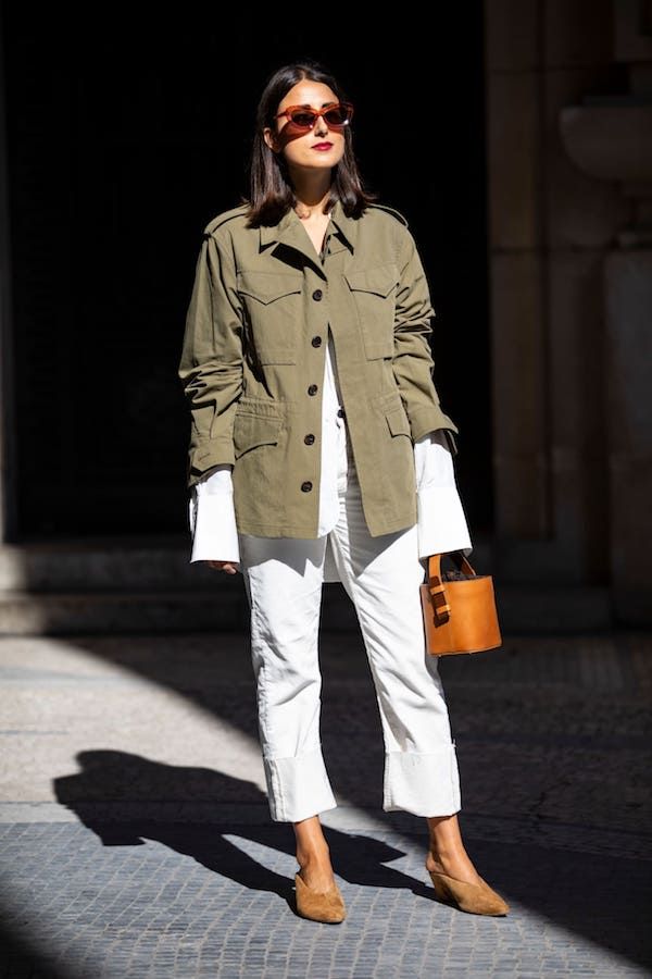 The Street Style Way to Wear 2 Spring Must-Haves: Green Utility Jacket and White Jeans