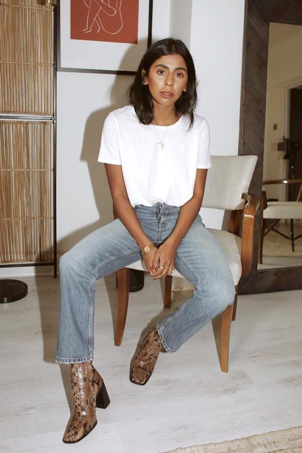 White Tee and Jeans Outfit Inspiration with Snakeskin Boots