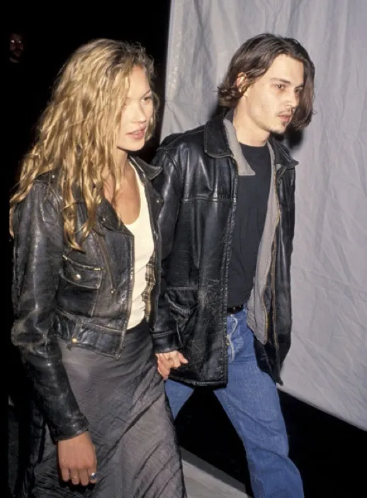 LE FASHION BLOG JOHNNY DEPP KATE MOSS JOHNNY AND KATE INSPIRATION LEATHER MOTO JACKET WHITE SHIRT WAVY LONG HAIR MAXI SKIRT 1