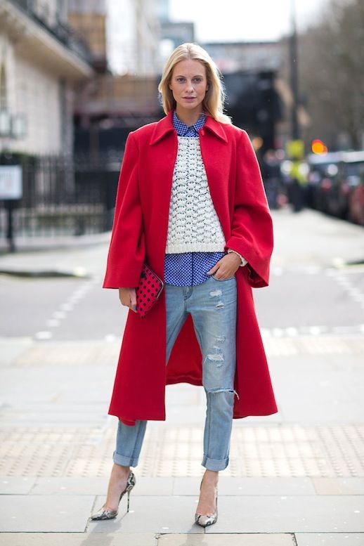 LFW LONDON FASHION WEEK STREET STYLE SPOTLIGHT POPPY DELEVINGNE RED LONG COAT LAYERED WHITE OPEN KNIT SWEATER GRAPHIC BLUE AND WHITE BUTTON UP SHIRT DISTRESSED BOYFRIEND JEANS DNEIM PYTHON SNAKE HEELS PUMPS POKA DOT RED CLUTCH BAG LONG BLONDE HAIR NATURAL BEAUTY BRITISH SOCIALITE CARA DELEVINGNE SISTER 1 photo LFWSTREETSTYLESPOTLIGHTPOPPYDELEVINGNE1.jpg