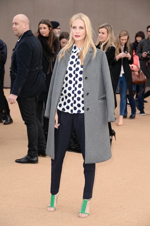 LFW LONDON FASHION WEEK STREET STYLE SPOTLIGHT POPPY DELEVINGNE BURBERRY POLKA DOT BUTTON DOWN SHIRT BLOUSE TOP BLACK TROUSERS PANTS GREY GRAY COAT DRAPED OVER SHOULDERS BURGUNDY RED LIPSTICK GREEN T BAR ANKLE STRAP HEELS SANDALS BURBERRY FW2014 SHOW FRONT ROW LONG BLONDE HAIR NATURAL BEAUTY BRITISH SOCIALITE CARA DELEVINGNE SISTER 4 photo LFWSTREETSTYLESPOTLIGHTPOPPYDELEVINGNE4.jpg