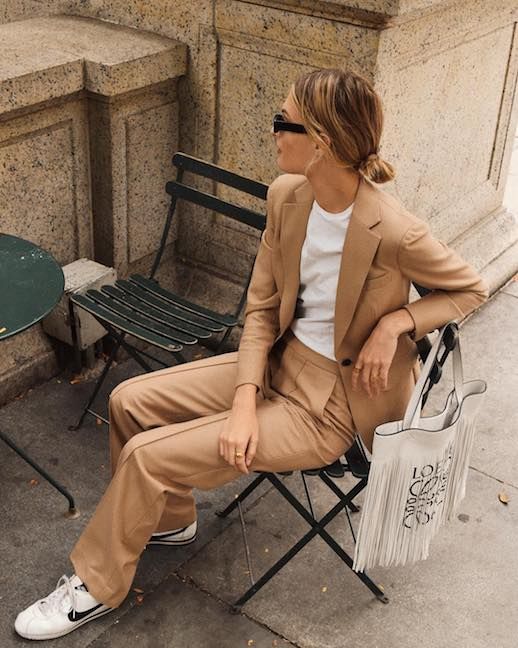 Le Fashion Blog Blogger Style Christie Tyler Sunglasses Camel Suit White T Shirt Black White Sneakers Via @nycbambi 