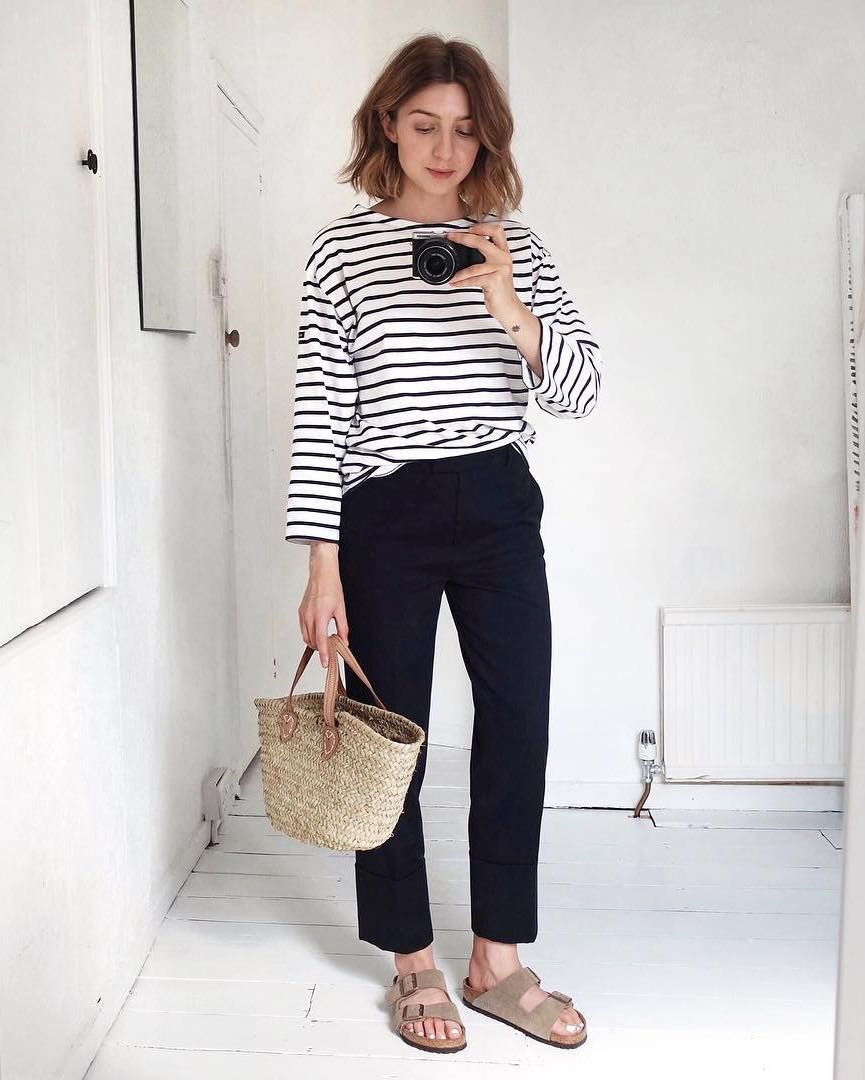 5 Casual-Cool Ways to Wear a Striped Tee for Spring — Black Pants and Birkenstock Sandals