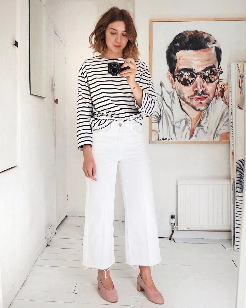 5 Casual-Cool Ways to Wear a Striped T-Shirt for Spring — White Wide-Leg Jeans and Suede Black Heels