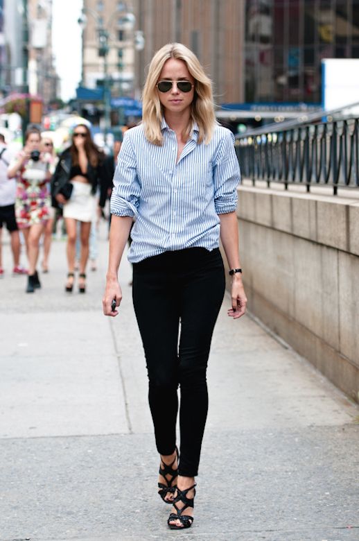 Le Fashion Blog 25 Ways To Wear A Striped Button Down Shirt Cage Sandals Elin Kling Via Silhouetted Skyline Black Pants