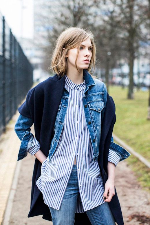 Le Fashion Blog 25 Ways To Wear A Striped Button Down Shirt Denim Jacket Coat Charlie Via A Love Is Blind Jeans
