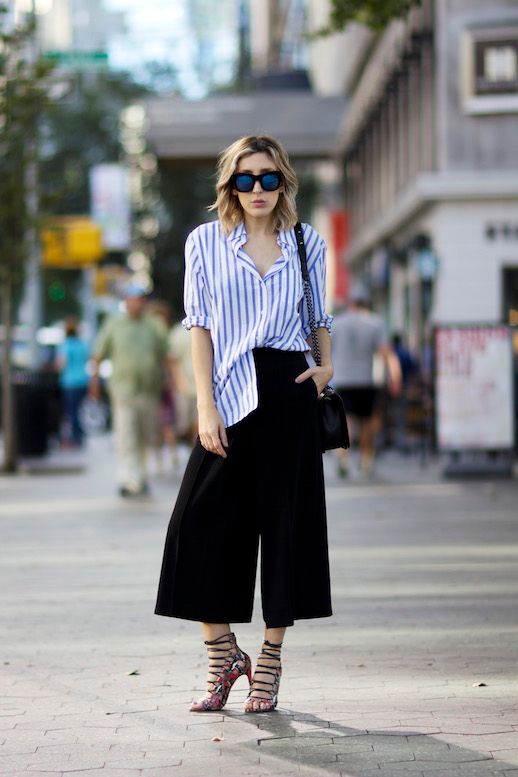 Le Fashion Blog 25 Ways To Wear A Striped Button Down Shirt Half Tucked Wide Leg Culottes Via The Fashion Site Sunglasses Strappy Sandals Blogger Style