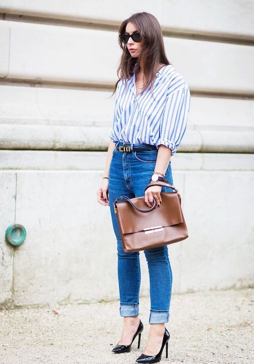 Le Fashion Blog 25 Ways To Wear A Striped Button Down Shirt High Waisted Jeans Via Style Du Monde Brown Leather Bag Street Style