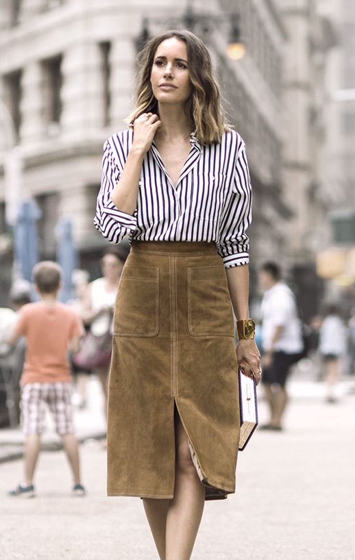 Le Fashion Blog 25 Ways To Wear A Striped Button Down Shirt Suede Tan Skirt Louise Roe Via Garance Dore High Waisted Street Style