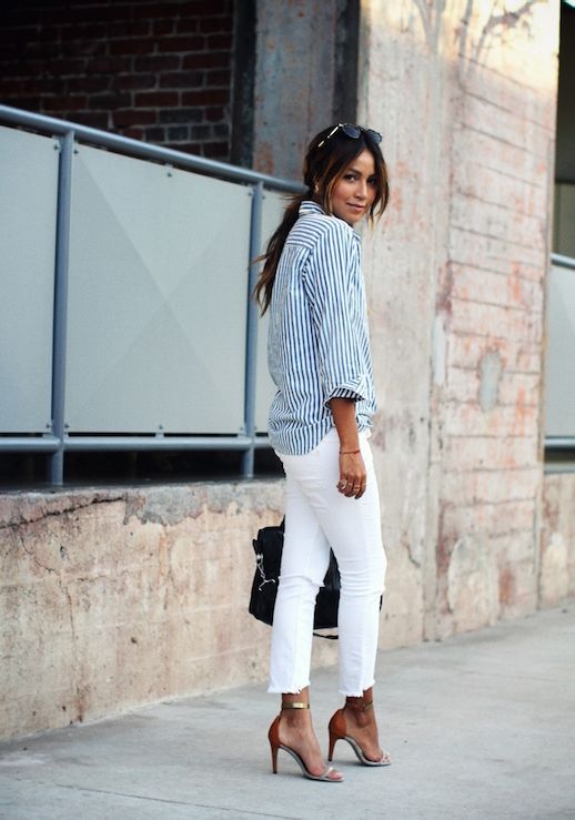 Le Fashion Blog 25 Ways To Wear A Striped Button Down Shirt White Distressed Jeans Via Sincerely Jules Cut Off Cropped Sandals Blogger Style
