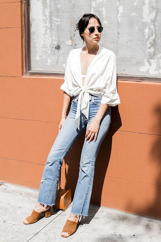 Le Fashion Blog Bohemiam Blogger Style Round Sunglasses White Tie Front Top High Waisted Vintage Raw Hem Jeans Brown Suede Mules Via Elizabeth Suzann