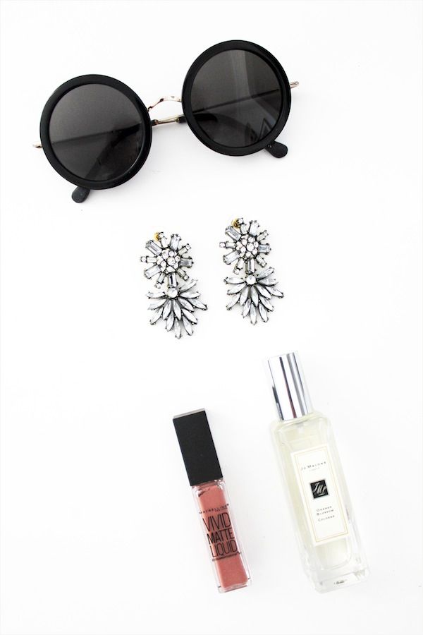 Le Fashion Blog Day Date Style The Row Round Sunglasses Bauble Bar Statement Drop Earrings Maybelline Matte Lip Gloss Jo Malone Orange Blossom Perfume