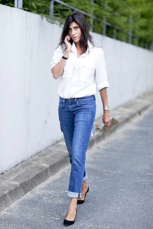 Le Fashion Blog Editor Street Style Emmanuelle Alt Pfw White Button Down Shirt Cuffed Boyfriend Jeans Low Black Suede Heels Via Popsugar