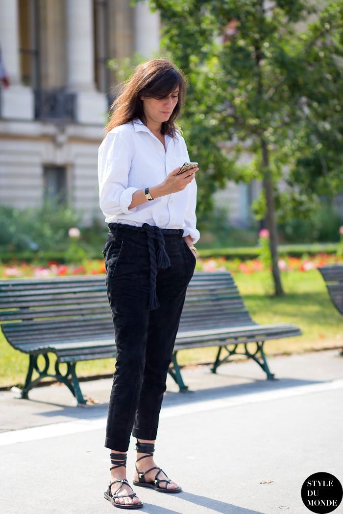 Le Fashion Blog Emmanuelle Alt Street Style Lace Up Sandals Transitional Summer To Fall White Button Down Shirt Cropped Pants Via Style Du Monde