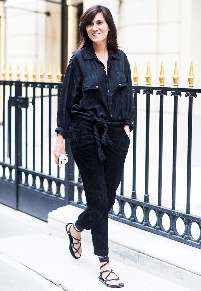 Le Fashion Blog Emmanuelle Alt Street Style Summer To Fall Transition Washed Silk Utility Shirt Rope Belt Cropped Pants Via A Love Is Blind