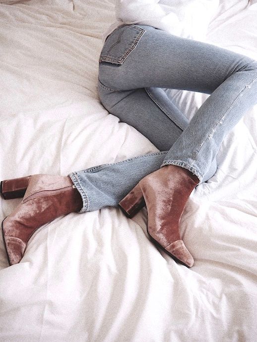 Le Fashion Blog Fall Style White Knit Light Wash Denim Brown Velvet Heeled Boots Via Vasilieva