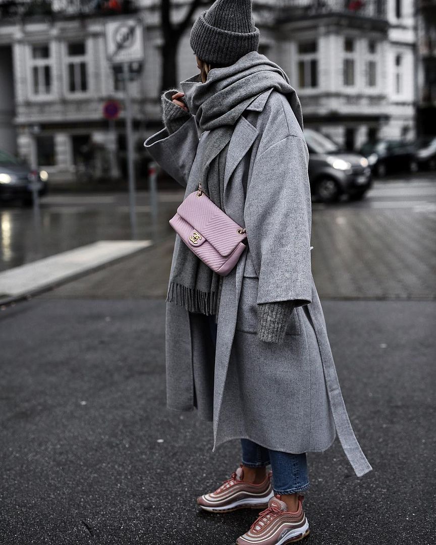 Le Fashion Blog How To Bundle Up For Winter All Grey Layers Beanie Hat Oversized Scarf Robe Coat Belted Jeans Chunky Sneakers Chanel Pastel Bag