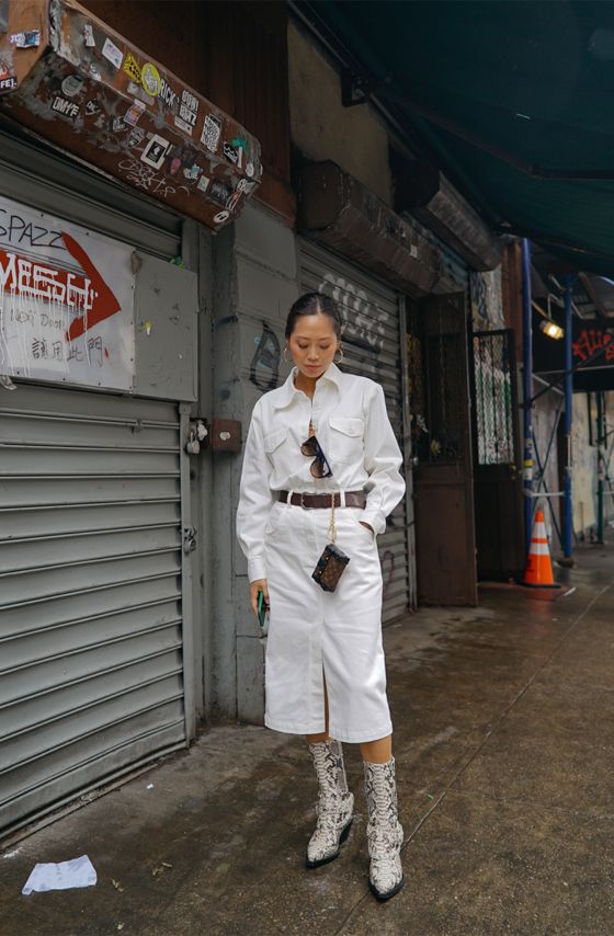 Aimee Song How To Wear White On White For Winter Denim Jean Python Cowboy Boots