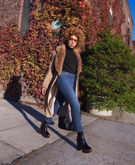 Le Fashion Blog Karenbritchick Instagram Fur Collar Coat Vintage Faux Fur Lined Turtleneck Aviator Sunglasses Madewell Skinny Jeans Zara Print Chunky Platform Boots