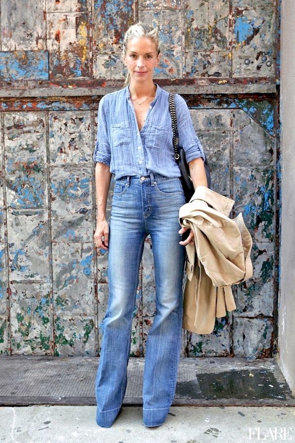 Le Fashion Blog Meredith Melling Street Style Denim On Denim Chambray Shirt High Waisted Wide Leg Jeans Via Flare Magazine