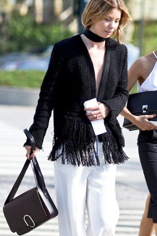 Le Fashion Blog Nyfw Street Style Black And White Look Wide Choker Fringe Detailed Jacket 3.1 Phillip Lim Bag Flowy Trousers Via Style Caster