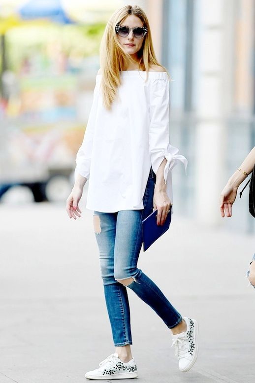 Olivia Palermo Goes Casual In An Off-The-Shoulder Top And Sneakers | Le ...