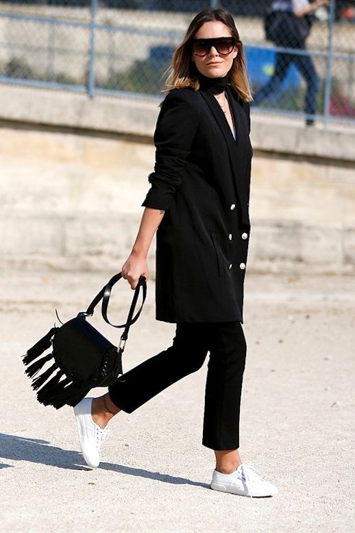 Le Fashion Blog Street Style All Black Look Long Blazer With Military Style Buttons Wide Choker Tassel Bag Cropped Pants White Sneakers Via Vogue Italy