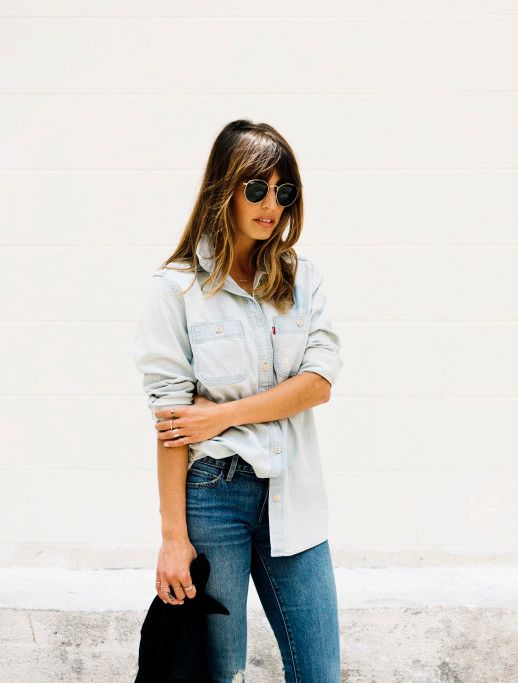 Le Fashion Blog Street Style Becky Bunz Green Round Sunglasses Chambray Button Down Shirt Denim Skinny Jeans Ring Set Via Becky Bunz