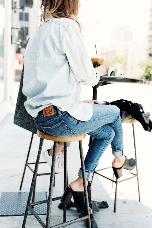 Le Fashion Blog Street Style Becky Bunz Round Ray Ban Sunglasses Chambray Button Down Shirt Distressed Light Wash Denim Skinny Jeans Mule Heels Via Becky Bunz