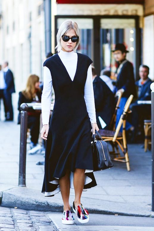 Le Fashion Blog Street Style Casual Cool Layered Spring Look Linda Tol Black Deep V Neck Dress White Turtleneck Colorful Furry Slip On Sneakers Via Refinery29