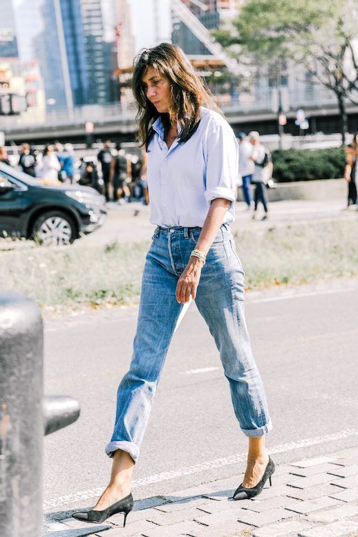 Le Fashion Blog Street Style Emmanuelle Alt Blue Button Down Shirt Boyfriend Jeans Suede Cap Toe Pumps Via Collage Vintage