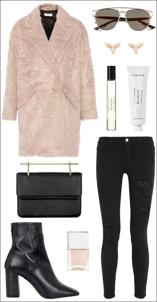 Le Fashion Blog Winter Style Pink Faux Fur Coat Dior Sunglasses Stud Earrings Byredo Blanche Frame Denim Distressed Jeans M2Malletier Clutch Heeled Sock Boots Nude Pink Nails