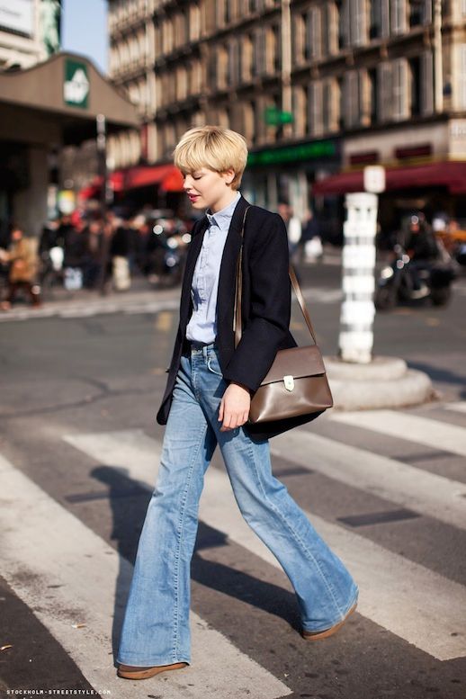 Le Fashion Blog 11 Ways To Wear Denim On Denim Inspiration Short Hair Blazer Tucked In Shirt Flared Jeans Via Stockholm Street Style photo Le-Fashion-Blog-11-Ways-To-Wear-Denim-On-Denim-Inspiration-Flared-Jeans-Via-Stockholm-Street-Style.jpg