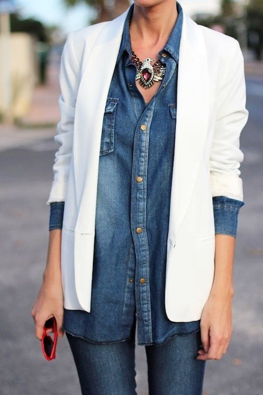 Le Fashion Blog 11 Ways To Wear Denim On Denim Inspiration White Blazer Statement Necklace Skinny Jeans Via Style Caster Christine Spinoula photo Le-Fashion-Blog-11-Ways-To-Wear-Denim-On-Denim-Inspiration-White-Blazer-Via-Style-Caster-Christine-Spinoula.jpg