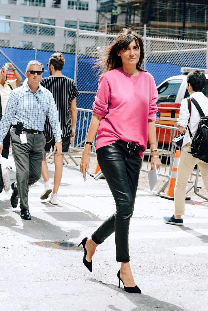 Le Fashion Blog -- Emmanuelle Alt in a bright pink sweatshirt, leather pants and d'orsay pumps-- NYFW Street Style Via Style -- photo Le-Fashion-Blog-Emmanuelle-Alt-Bright-Pink-Sweatshirt-Leather-Pants-Dorsay-Pumps-NYFW-Street-Style-Via-Style.jpg