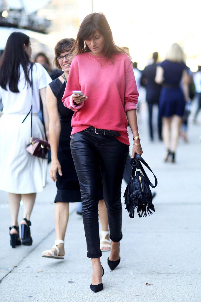 Le Fashion Blog -- Emmanuelle Alt in a bright pink sweatshirt, Saint Laurent fringe bag, leather pants and d'orsay pumps-- NYFW Street Style Via Fabsugar photo Le-Fashion-Blog-Emmanuelle-Alt-Bright-Pink-Sweatshirt-Saint-Laurent-Fringe-Bag-Dorsay-Pumps-NYFW-Street-Style-Via-Fabsugar.jpg