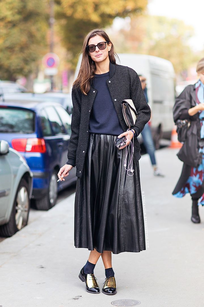 Le Fashion: Street Style: Leather Pleated Skirt + Céline Oxfords In Paris