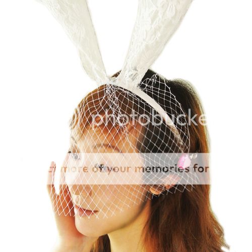New White Sexy Lace Bunny Ears Veil Mask Halloween Masquerade Costume Head Hoop