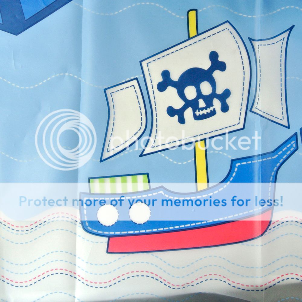 71"X71" Blue Cartoon Pirate Ships Skull Flag Kids Bath Shower Curtain w Rings